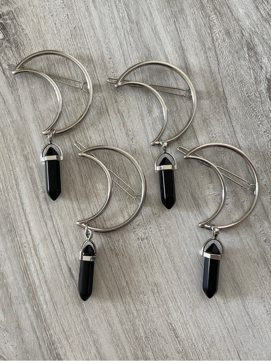 Accessories - Silver Moon Hair Clip with Black Crystal